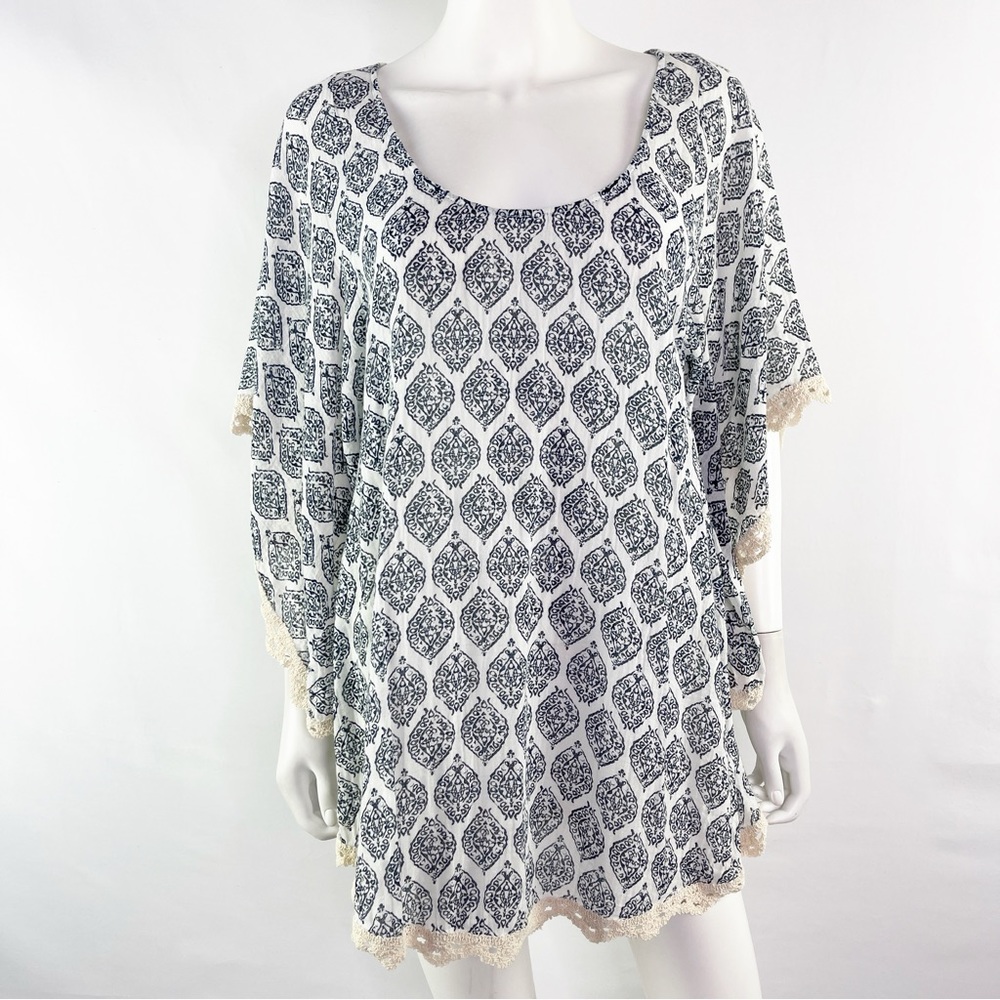Eberjey Women's White Damask Print Kaftan Tunic Cover Up Size S/M